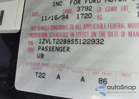 1995 Ford Probe Gt from USA, damaged, VIN 1ZVLT22B8S5122932